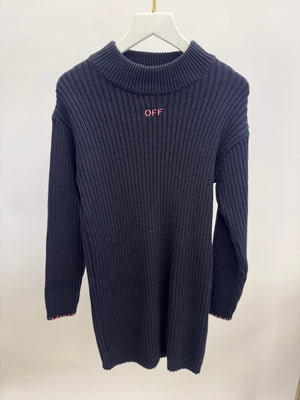 Off-White Kids Midnight Blue Knit Long-Sleeve Dress with Pink Logo Size 10 years&nbsp;