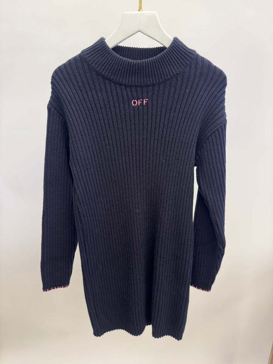 Off-White Kids Midnight Blue Knit Long-Sleeve Dress with Pink Logo Size 10 years&nbsp;