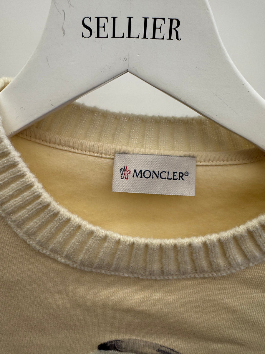 Moncler Kids Cream Sweater with Dog Prints and Appliqué Size 8 years RRP £250