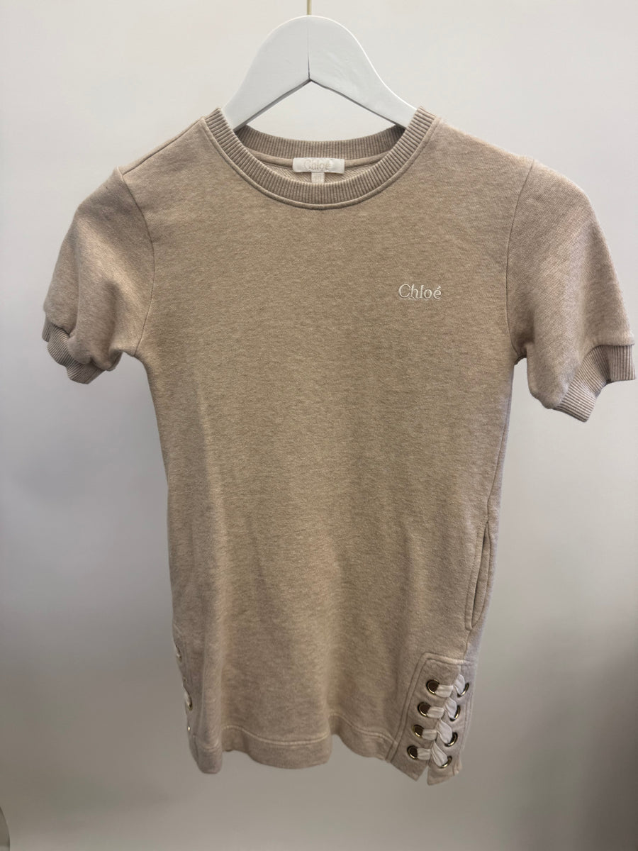 Chloé Kids Beige Short-Sleeve Dress with Logo and Buckle Details Size 10 years