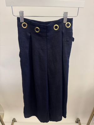 Chloé Kids Navy Linen Trousers with Gold Buckle Details and Back Logo Size 10 years