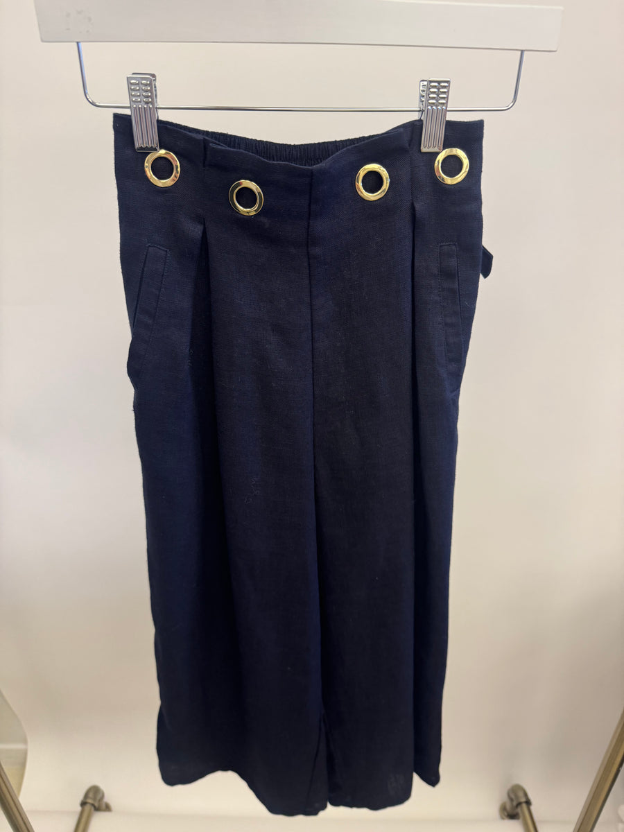 Chloé Kids Navy Linen Trousers with Gold Buckle Details and Back Logo Size 10 years
