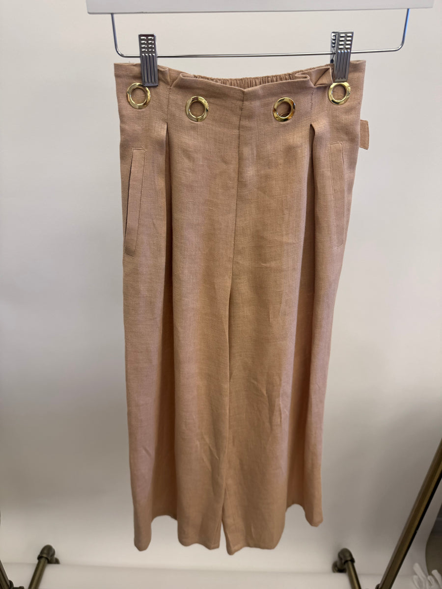 Chloé Kids Beige Linen Trousers with Gold Buckle Details and Back Logo Size 10 years