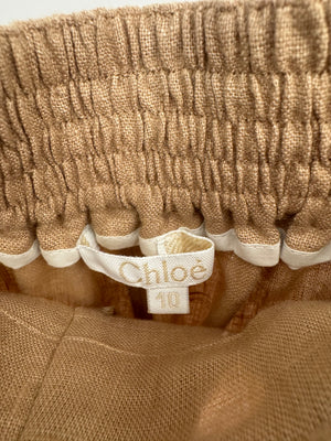 Chloé Kids Beige Linen Trousers with Gold Buckle Details and Back Logo Size 10 years