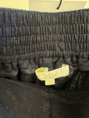 Chloé Kids Navy Linen Trousers with Gold Buckle Details and Back Logo Size 10 years