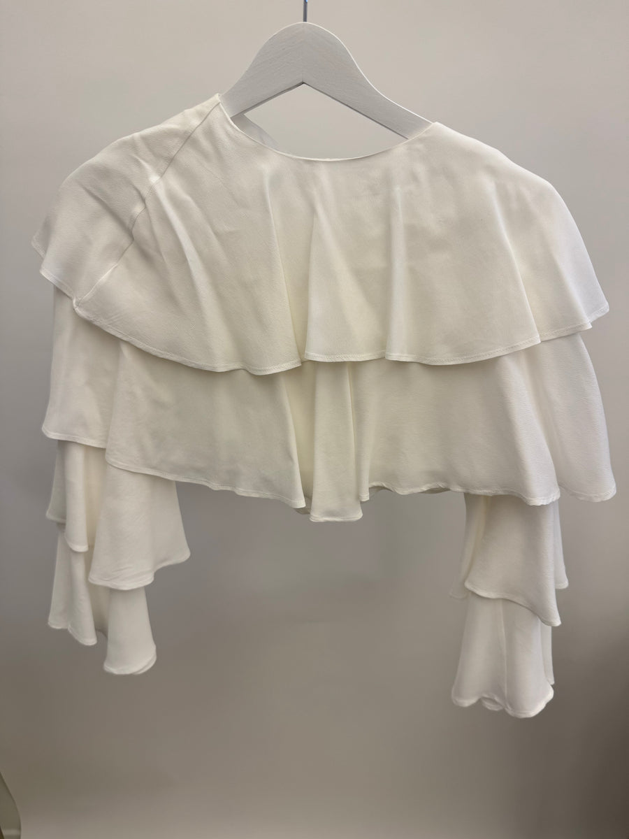 Balmain Kids White Cropped Ruffle Silk Top with Silver Buttons Size 10 years