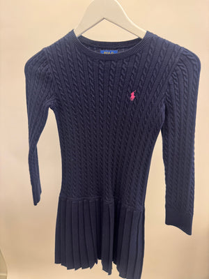 Polo Ralph Lauren Kids Navy Knit Long-Sleeve Dress with Pink Logo Size 8-10 years