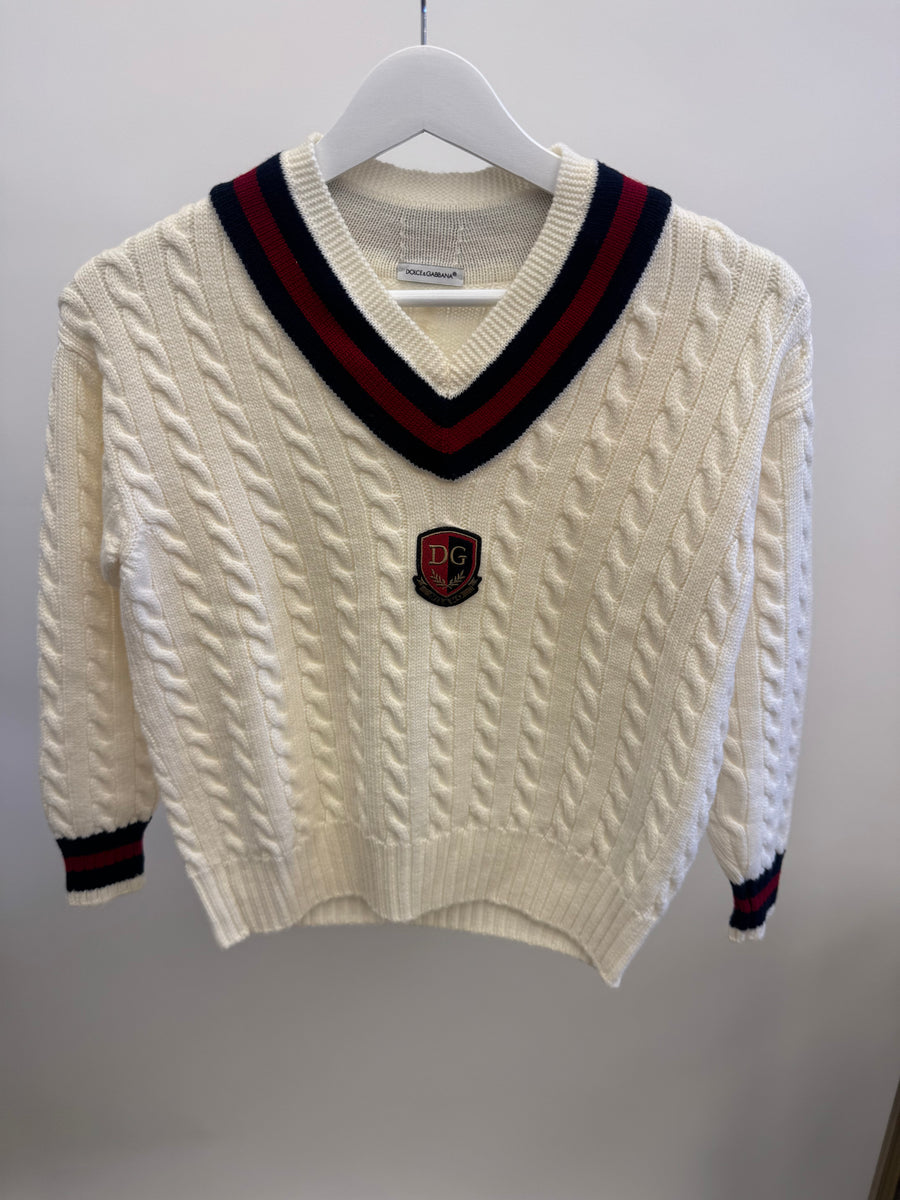 Dolce & Gabbana Kids Cream Wool Cableknit Jumper with Logo Embroidered Patch Size 7/8 years RRP £350&nbsp;