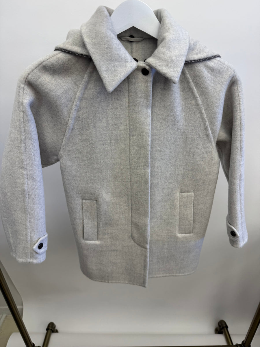 Brunello Cucinelli Kids Light Grey Cashmere Coat with Hood and Buttons Size 8 years RRP £1,500&nbsp;