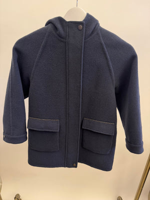 Brunello Cucinelli Kids Navy Cashmere Coat with Hood and Pocket Details Size 8 years RRP £1,500&nbsp;