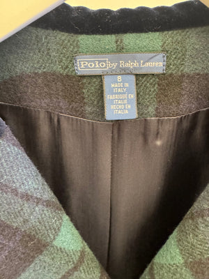 Polo Ralph Lauren Kids Wool Navy and Green Checked Coat with Gold Buttons and Velvet Collar Size 8 years RRP £500