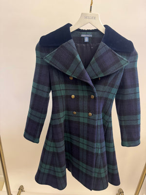 Polo Ralph Lauren Kids Wool Navy and Green Checked Coat with Gold Buttons and Velvet Collar Size 8 years RRP £500