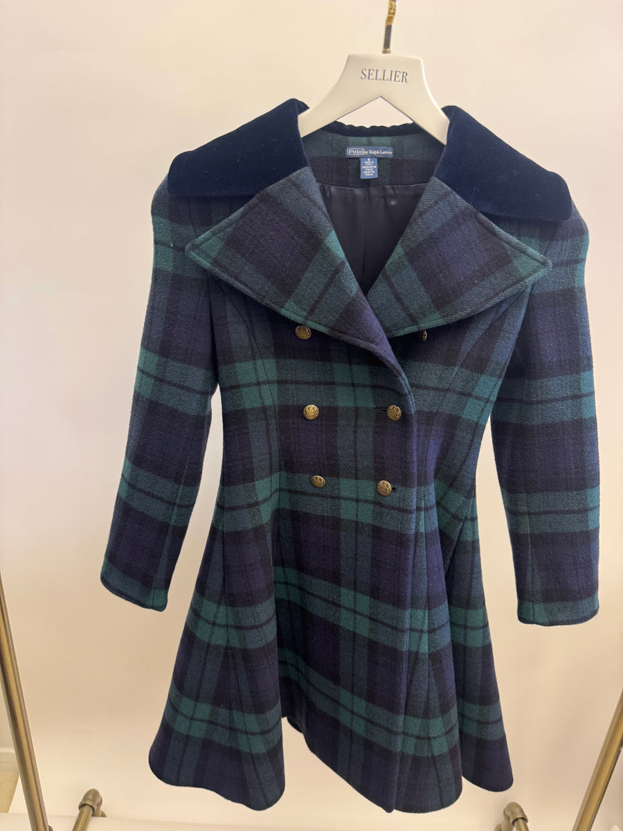 Polo Ralph Lauren Kids Wool Navy and Green Checked Coat with Gold Buttons and Velvet Collar Size 8 years RRP £500
