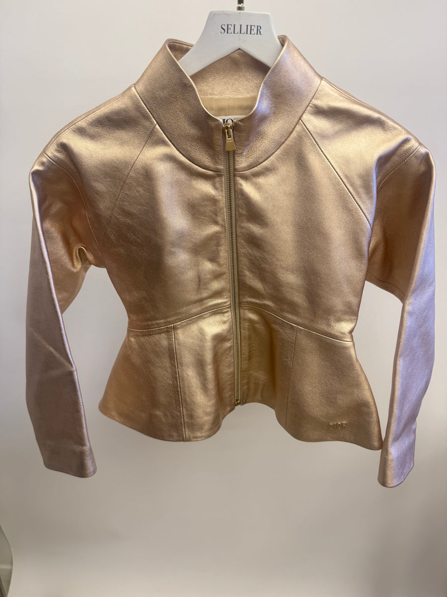 Christian Dior Kids Metallic Gold Leather Jacket with Peplum and Logo Detail Size 10 years RRP £1,200
