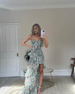 Raquel Diniz Metallic Green, Pink Floral Silk Ruffled Strap Midi Dress Size IT 38 (UK 6)