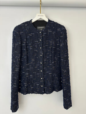 Chanel 04/P Navy Collarless Tweed Jacket with Pearl Button Detail Size FR 38 (UK 10)