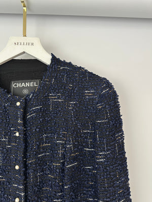 Chanel 04/P Navy Collarless Tweed Jacket with Pearl Button Detail Size FR 38 (UK 10)
