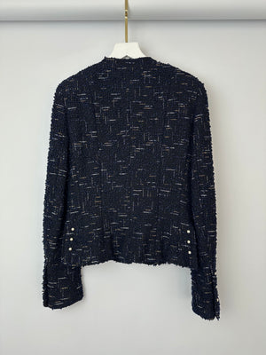 Chanel 04/P Navy Collarless Tweed Jacket with Pearl Button Detail Size FR 38 (UK 10)