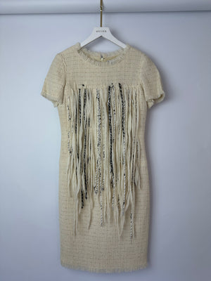 Chanel 10/P Beige Tweed Short-Sleeve Mini Dress with Fringe Applique and Small Beads Size FR 38 (UK 10)