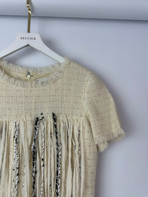 Chanel 10/P Beige Tweed Short-Sleeve Mini Dress with Fringe Applique and Small Beads Size FR 38 (UK 10)