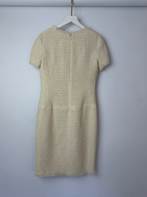 Chanel 10/P Beige Tweed Short-Sleeve Mini Dress with Fringe Applique and Small Beads Size FR 38 (UK 10)