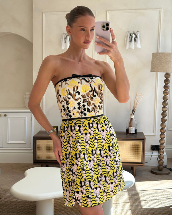 Giambattista Valli Lace & Floral Embroidery Yellow, Pink, Black Strapless Mini Dress size IT 40 (UK 8)