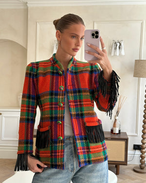 Saint Laurent 80's Vintage Multicolour Tartan Wool Jacket with Black Fringe and Button Details Size FR 34 (UK 6)