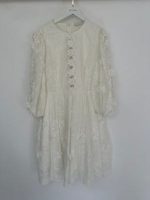 Zimmermann White Rosa Embroidered Long-Sleeve Mini Dress with 3D Flowers Size 4 (UK 16)