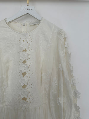 Zimmermann White Rosa Embroidered Long-Sleeve Mini Dress with 3D Flowers Size 4 (UK 16)