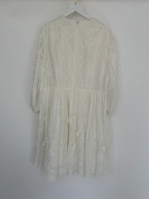 Zimmermann White Rosa Embroidered Long-Sleeve Mini Dress with 3D Flowers Size 4 (UK 16)
