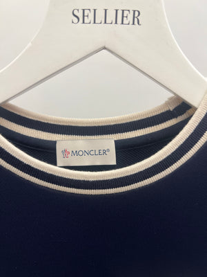 Moncler Kids Navy and White Striped Mini Short-Sleeve Dress with Logo Detail Size 10 years RRP £250