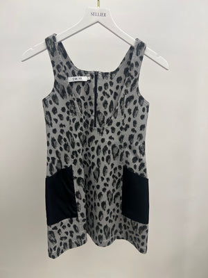 Christian Dior Kids FW23 Grey and Black Leopard Sleeveless Dress with Pocket Logo Detail Size 8 years RRP £800