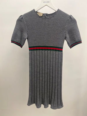 Gucci Kids Grey Knit Short-Sleeve Dress with Green and Red Band Details Size 8 years RRP £500