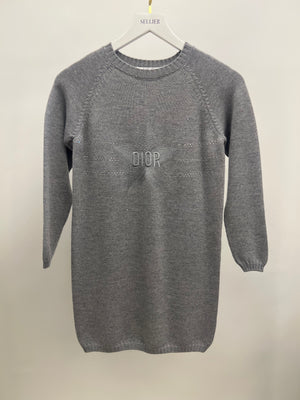 Christian Dior Kids Grey Knit Long-Sleeve Dress with Crystal Embellishments and Embroidered Logo Size 10 years RRP £800