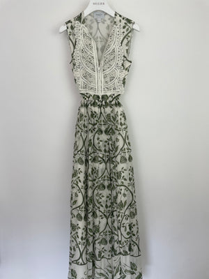 Giambattista Valli White and Green Sleeveless Floral Midi Dress with Lace Bodice and Cut Out at the Back Size IT 36 (UK 4)