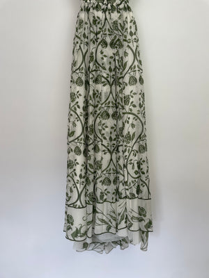Giambattista Valli White and Green Sleeveless Floral Midi Dress with Lace Bodice and Cut Out at the Back Size IT 36 (UK 4)