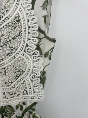 Giambattista Valli White and Green Sleeveless Floral Midi Dress with Lace Bodice and Cut Out at the Back Size IT 36 (UK 4)
