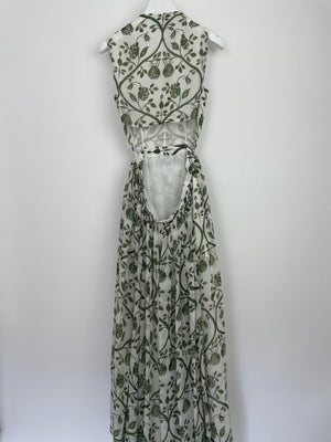 Giambattista Valli White and Green Sleeveless Floral Midi Dress with Lace Bodice and Cut Out at the Back Size IT 36 (UK 4)