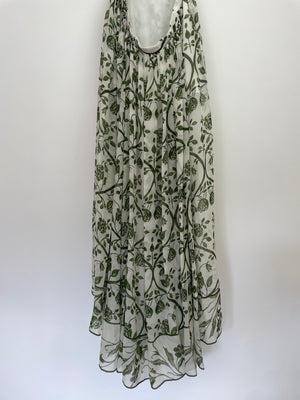 Giambattista Valli White and Green Sleeveless Floral Midi Dress with Lace Bodice and Cut Out at the Back Size IT 36 (UK 4)