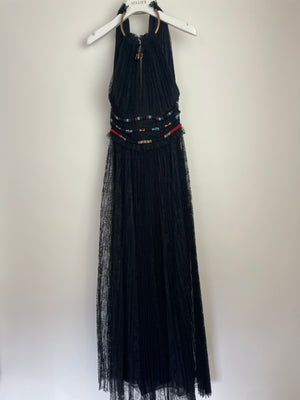 Valentino Black Lace Sleeveless Midi Dress with Gold Neck Detail and Red and Blue Beaded Waist Size IT 36 (UK 4)