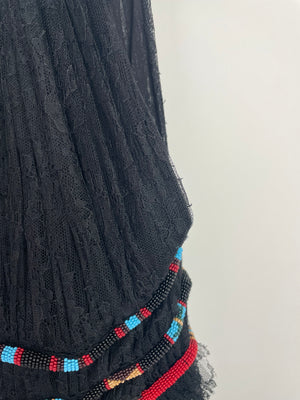 Valentino Black Lace Sleeveless Midi Dress with Gold Neck Detail and Red and Blue Beaded Waist Size IT 36 (UK 4)