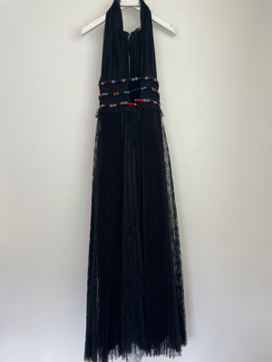 Valentino Black Lace Sleeveless Midi Dress with Gold Neck Detail and Red and Blue Beaded Waist Size IT 36 (UK 4)