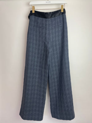 Chanel Grey Tweed Wide-Leg Trousers with Black Silk Tie Waist-Band and Button Detail Size FR 38 (UK 10)