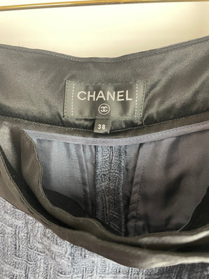 Chanel Grey Tweed Wide-Leg Trousers with Black Silk Tie Waist-Band and Button Detail Size FR 38 (UK 10)