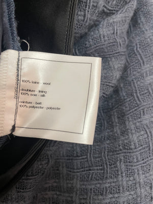 Chanel Grey Tweed Wide-Leg Trousers with Black Silk Tie Waist-Band and Button Detail Size FR 38 (UK 10)