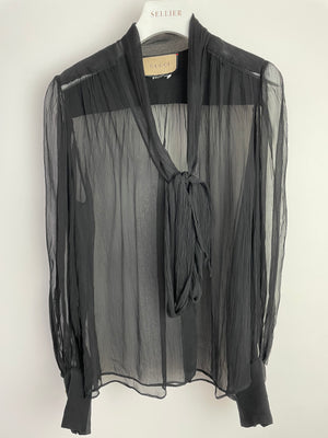 Gucci Black Transparent Silk Chiffon Blouse with Bow Detail  IT 38 (UK 6)