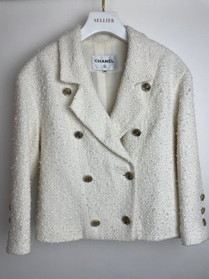 Chanel White Tweed Double Breasted Jacket with Champagne Gold and Silver CC Logo Buttons Detail Size FR 36 (UK 8)