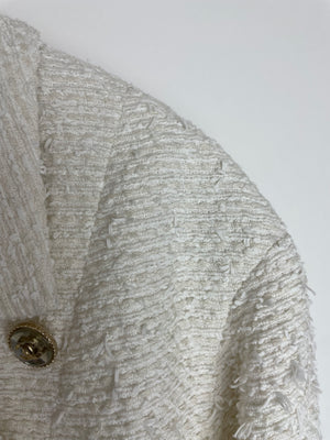 Chanel White Tweed Double Breasted Jacket with Champagne Gold and Silver CC Logo Buttons Detail Size FR 36 (UK 8)