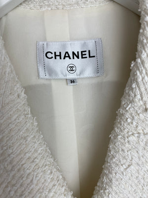 Chanel White Tweed Double Breasted Jacket with Champagne Gold and Silver CC Logo Buttons Detail Size FR 36 (UK 8)