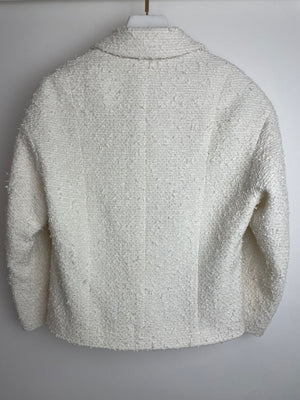 Chanel White Tweed Double Breasted Jacket with Champagne Gold and Silver CC Logo Buttons Detail Size FR 36 (UK 8)